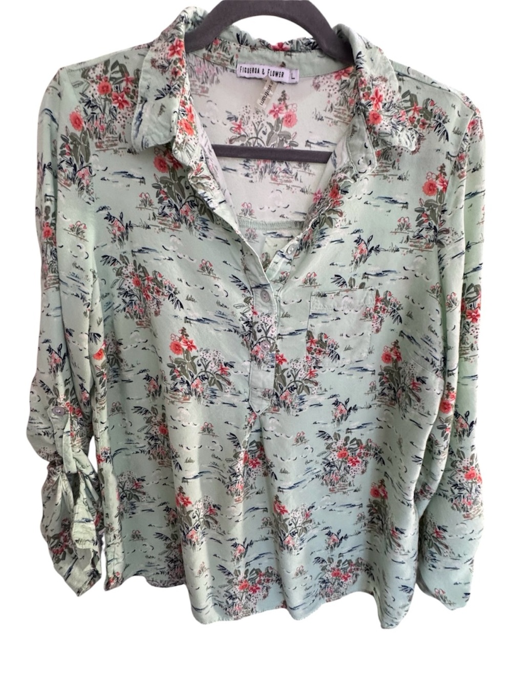 Mint Floral Button-Front Women’s Top Sz L
